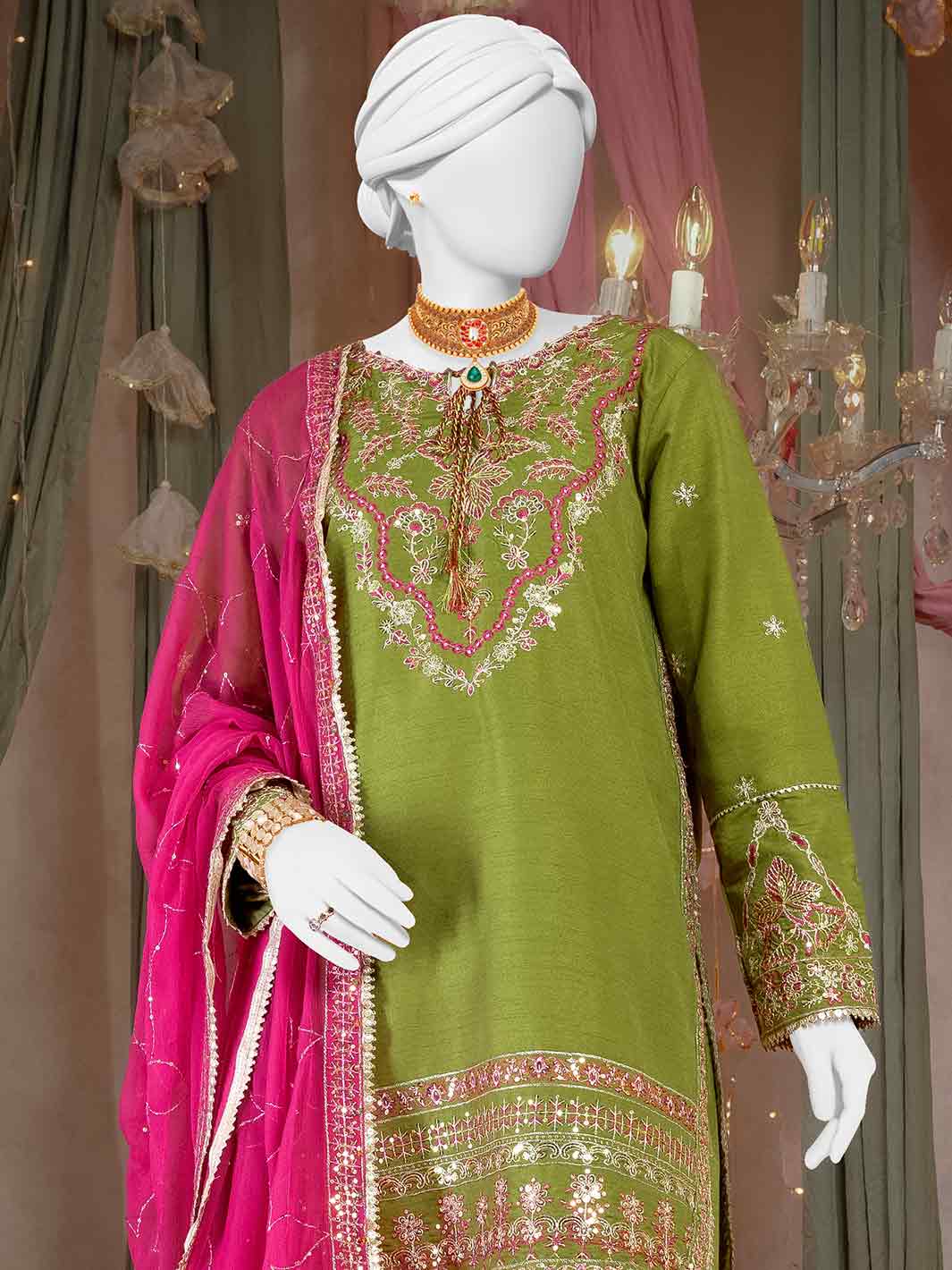 Raw Silk Parrot Green Stitched Suit - J. Junaid Jamshed