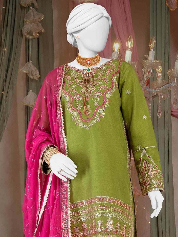 Raw Silk Parrot Green Stitched Suit - J. Junaid Jamshed