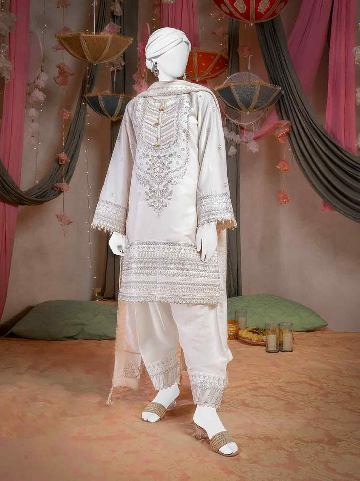 Raw Silk Off White Stitched Suit - J. Junaid Jamshed