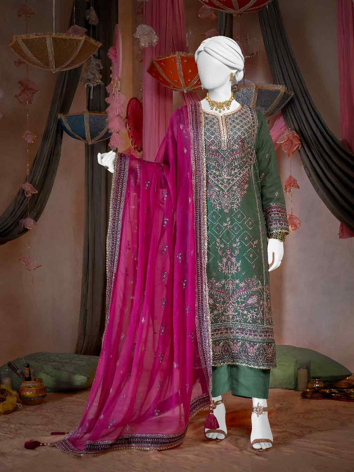 Raw Silk Mehndi Green Stitched Suit - J. Junaid Jamshed