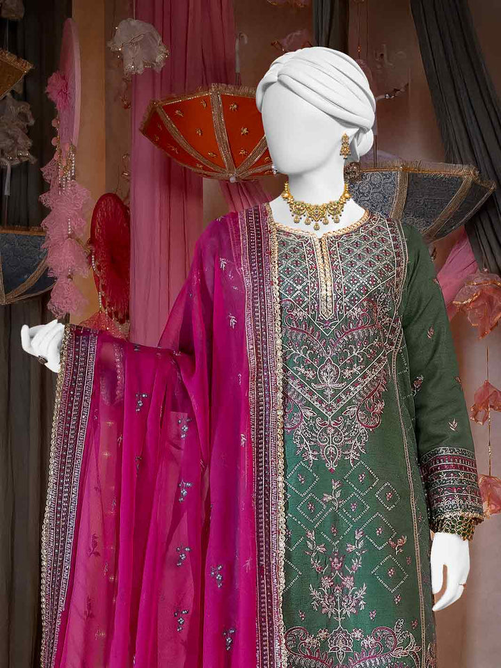 Raw Silk Mehndi Green Stitched Suit - J. Junaid Jamshed