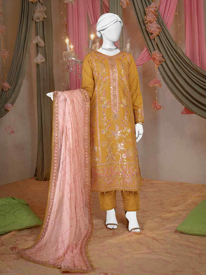 Raw Silk Mustard Stitched Suit - J. Junaid Jamshed