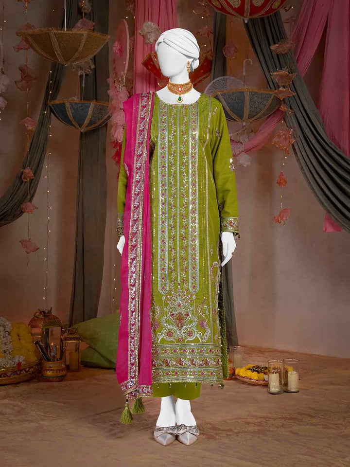 Raw Silk Parrot Green Stitched Suit - J. Junaid Jamshed