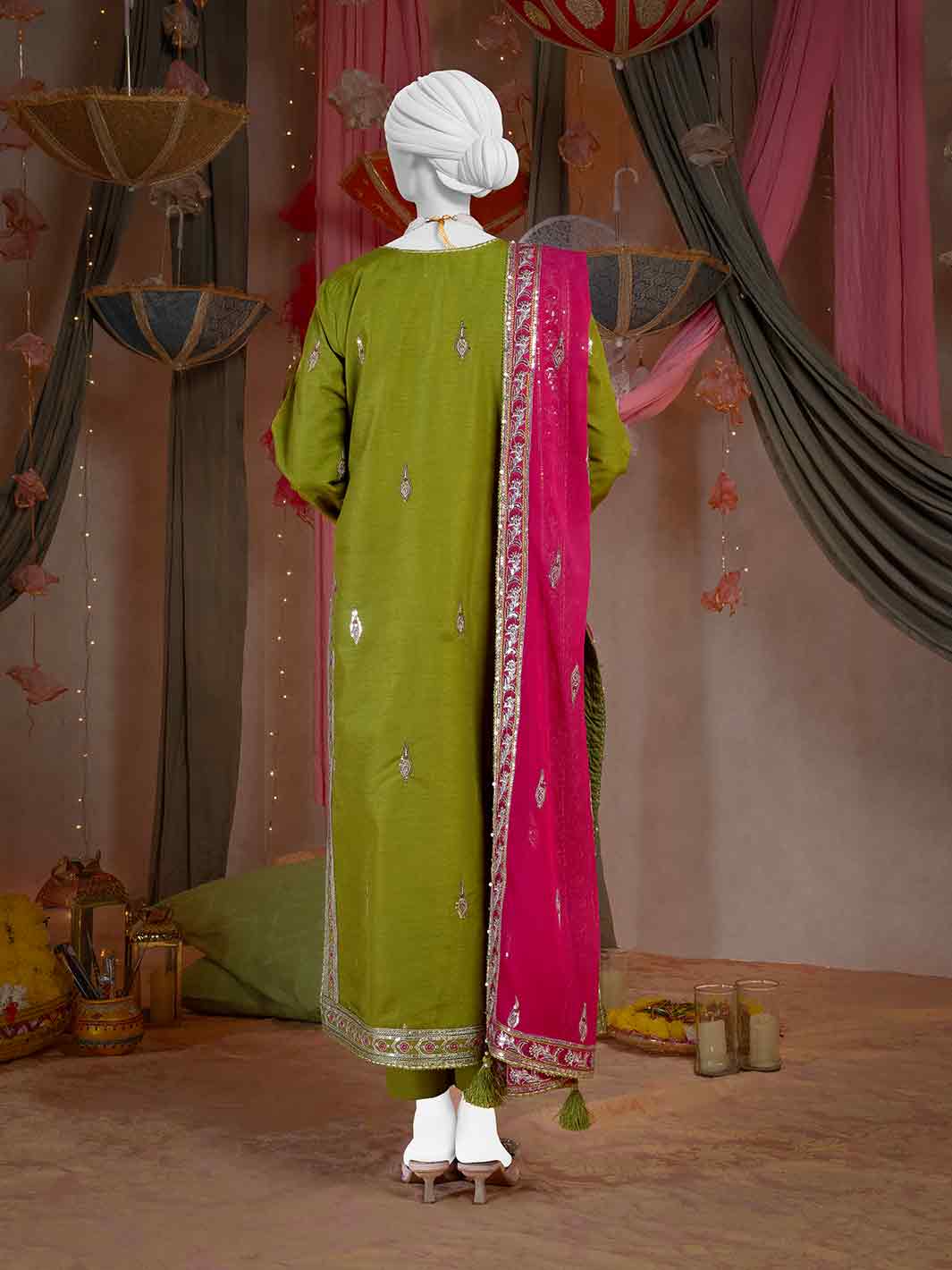 Raw Silk Parrot Green Stitched Suit - J. Junaid Jamshed