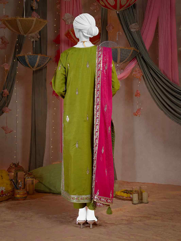 Raw Silk Parrot Green Stitched Suit - J. Junaid Jamshed
