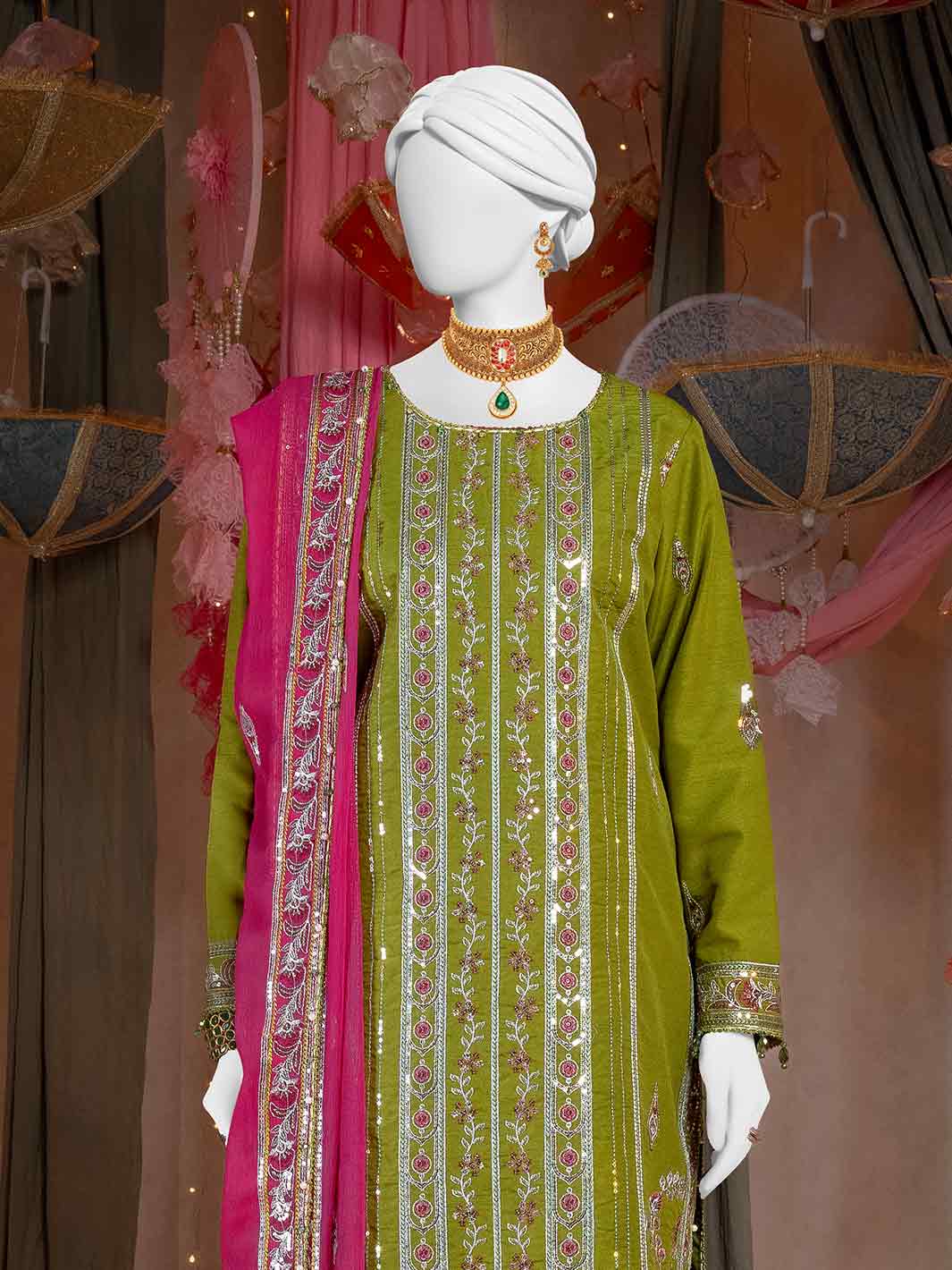 Raw Silk Parrot Green Stitched Suit - J. Junaid Jamshed