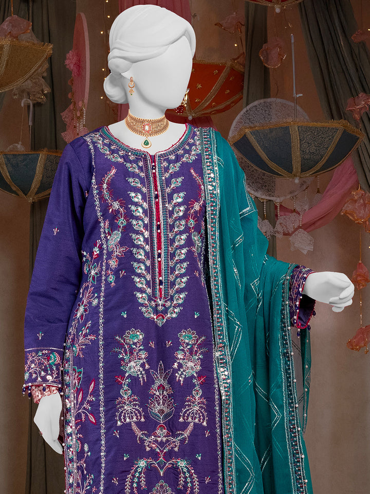 Raw Silk Purple Stitched Suit - J. Junaid Jamshed