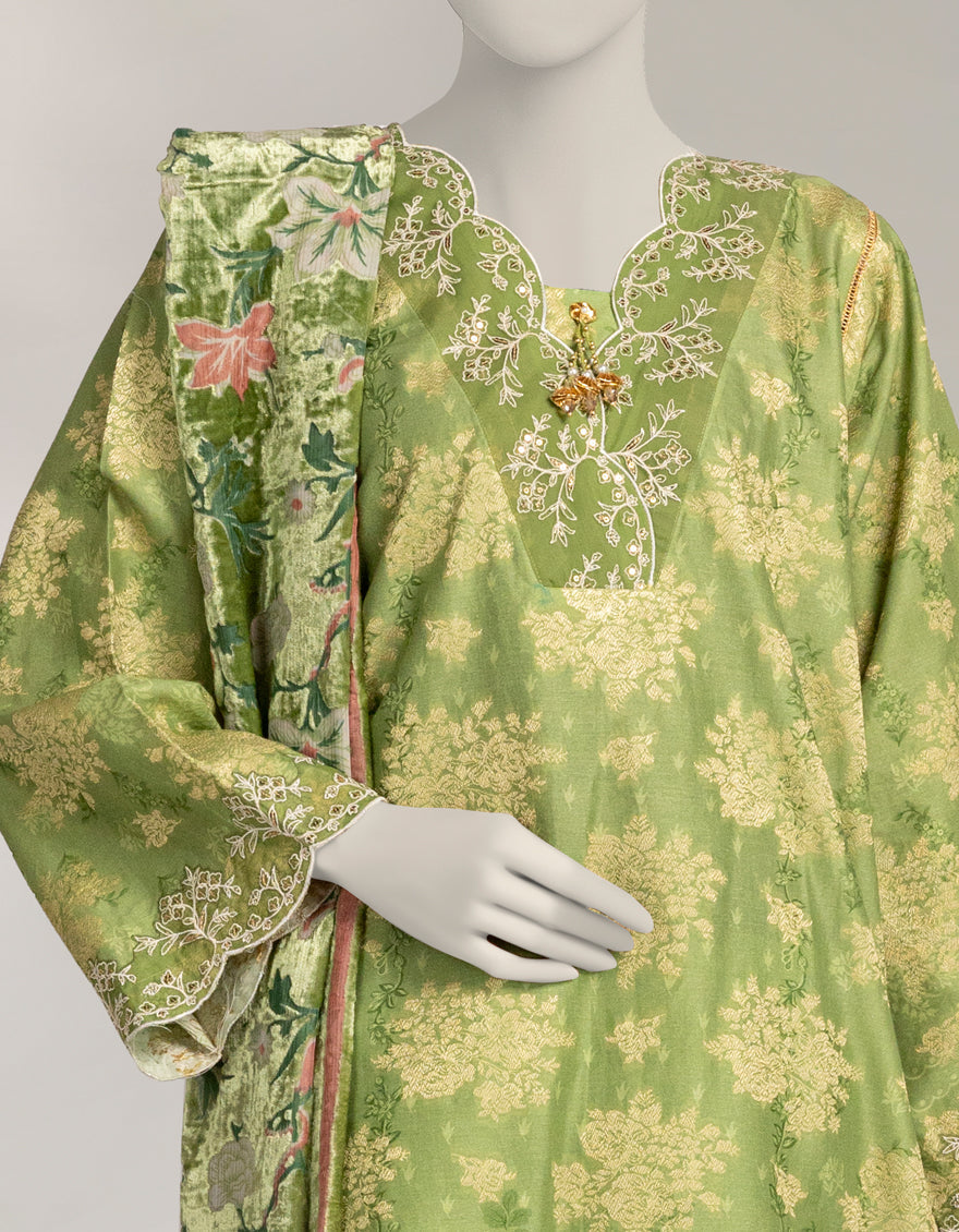 Jacquard Green Unstitched Suit - J. Junaid Jamshed