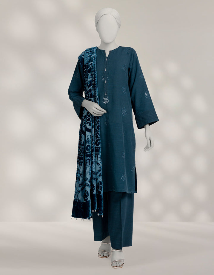 Khaddar Slub Teal Unstitched Suit - J. Junaid Jamshed