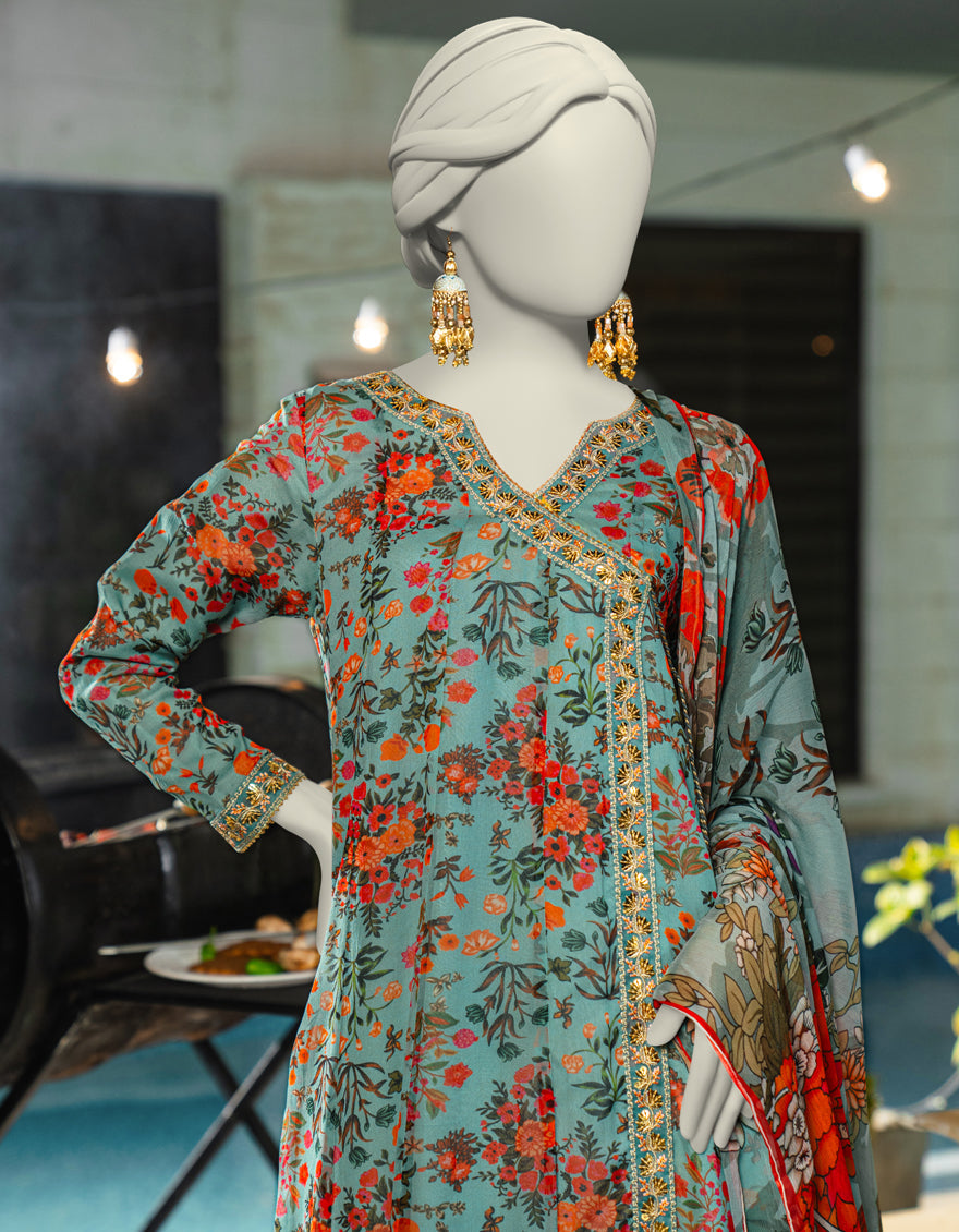 Chiffon Blue Stitched Suit - J. Junaid Jamshed