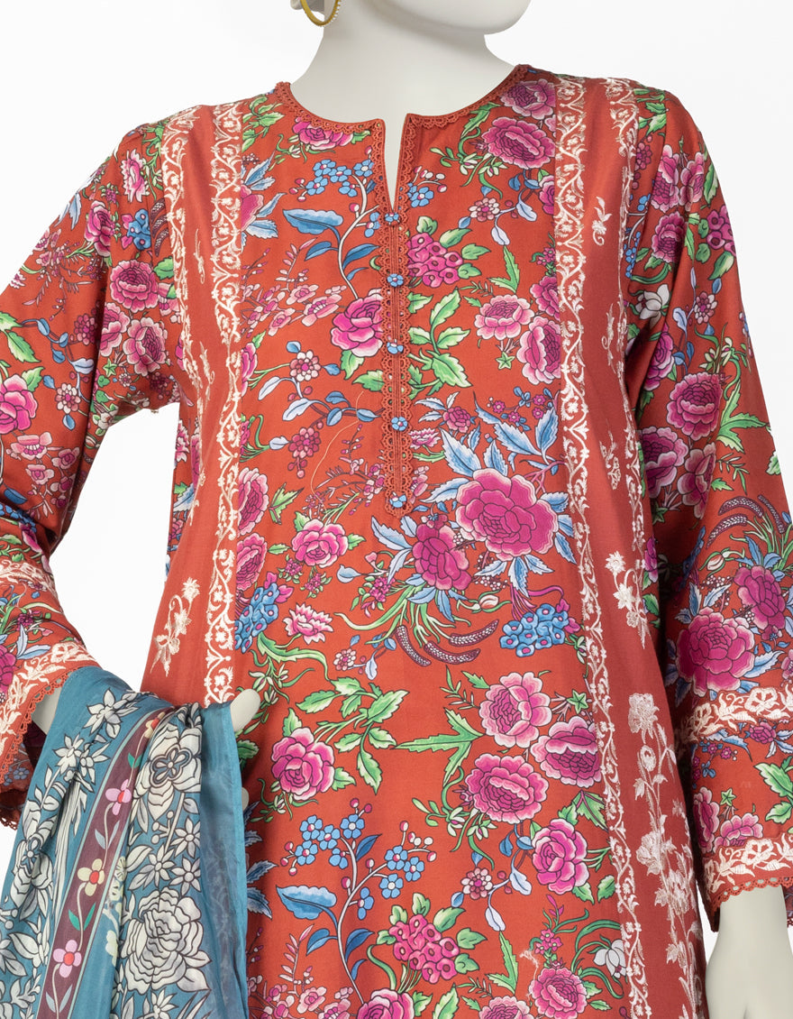 Lawn Red Stitched Suit - J. Junaid Jamshed