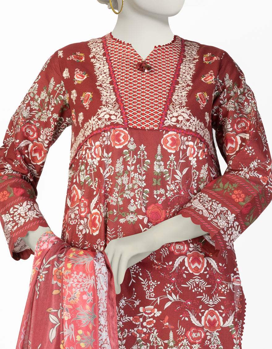 Lawn Red Stitched Suit - J. Junaid Jamshed