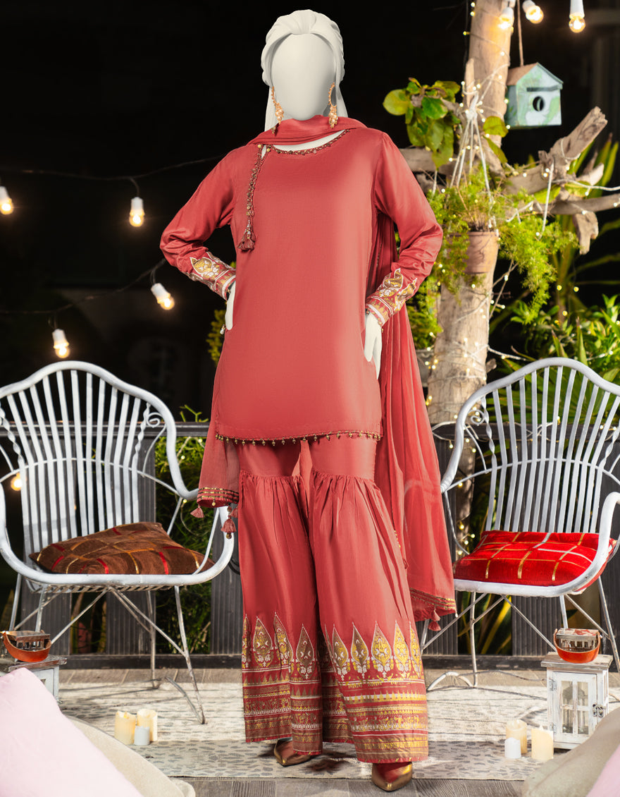Silk Peach Stitched Suit - J. Junaid Jamshed