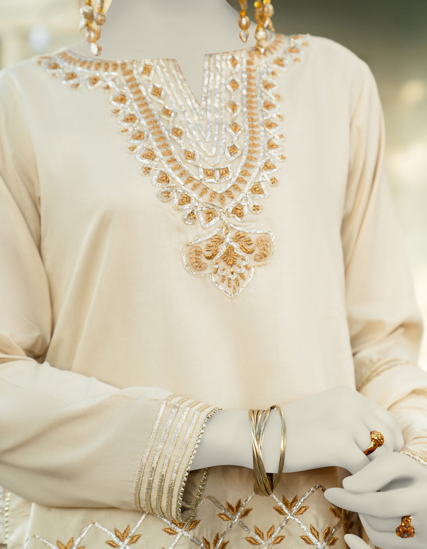Silk Beige Stitched Suit - J. Junaid Jamshed