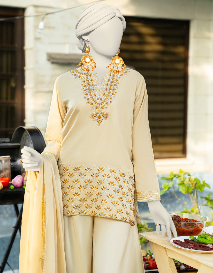 Silk Beige Stitched Suit - J. Junaid Jamshed