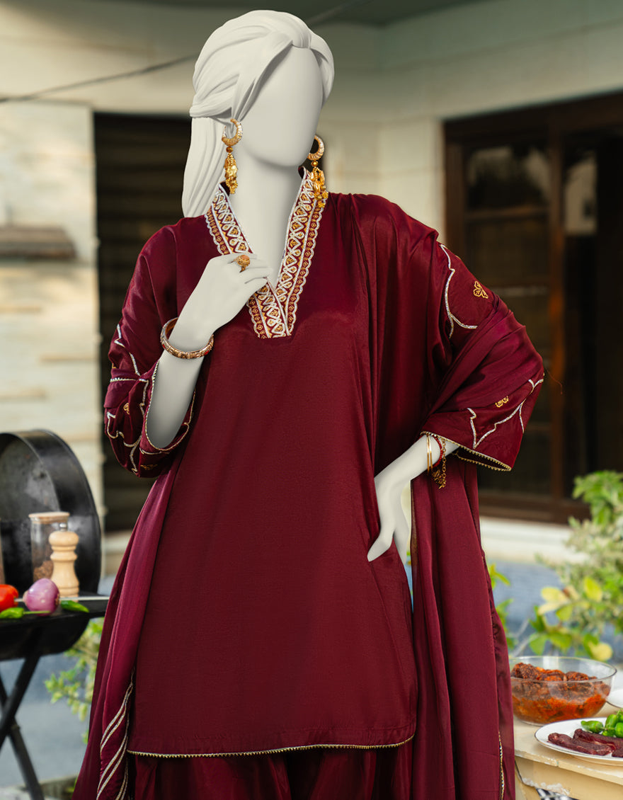 Silk Maroon Stitched Suit - J. Junaid Jamshed
