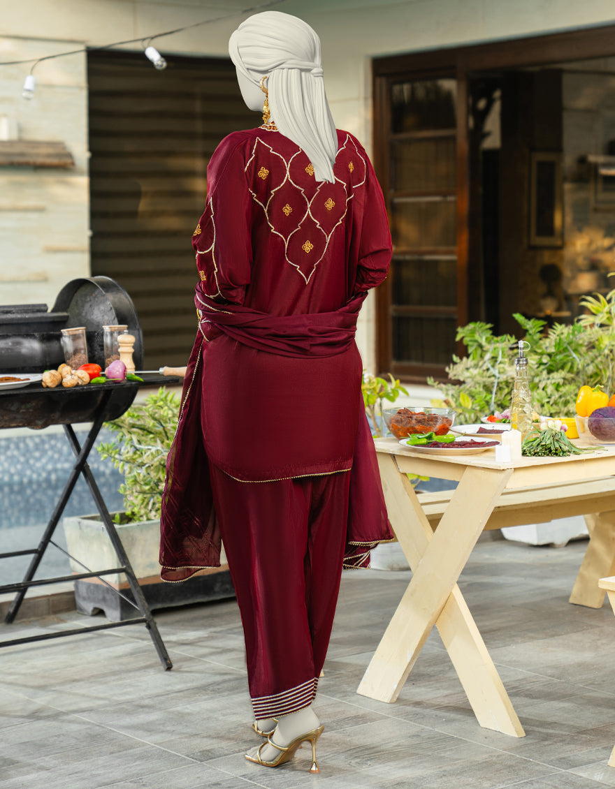 Silk Maroon Stitched Suit - J. Junaid Jamshed