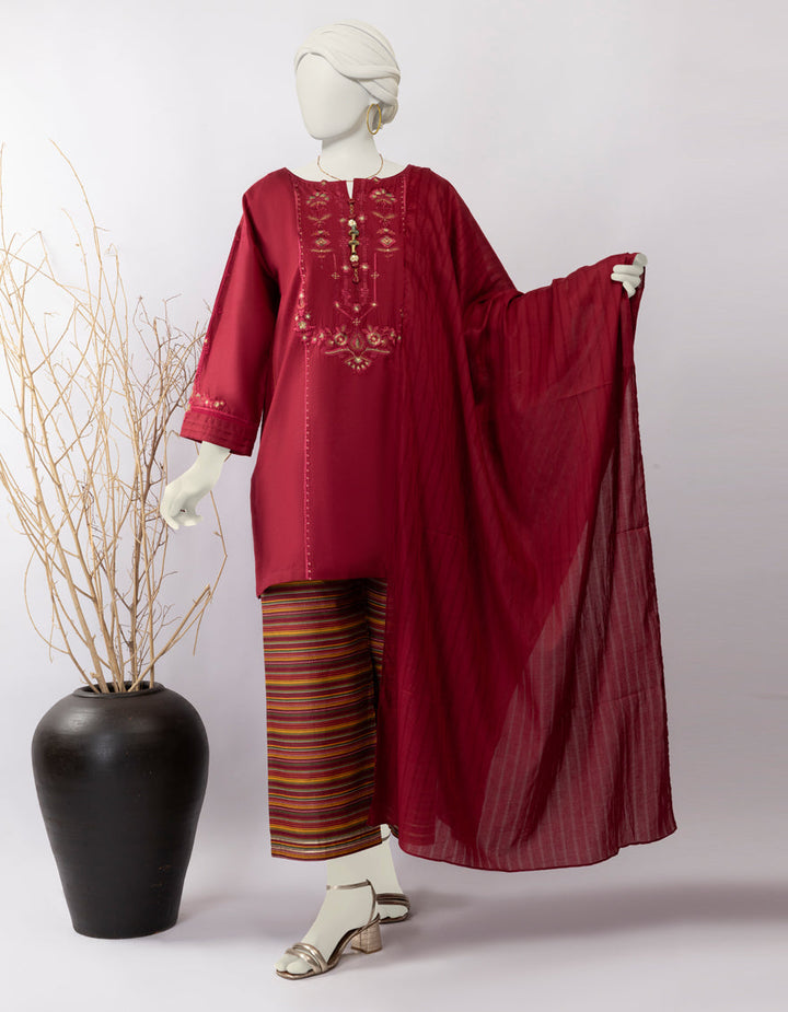 Lawn Red Stitched Suit - J. Junaid Jamshed