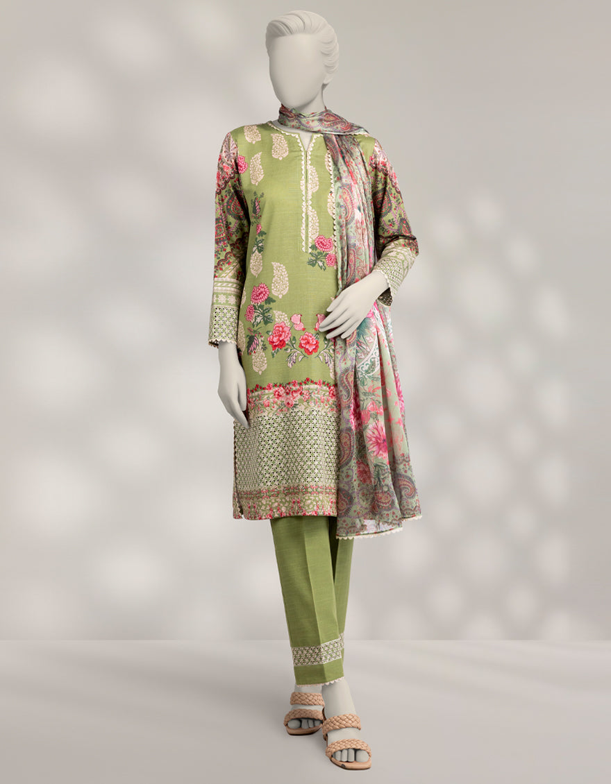 Light Khaddar Slub Green Stitched Suit - J. Junaid Jamshed