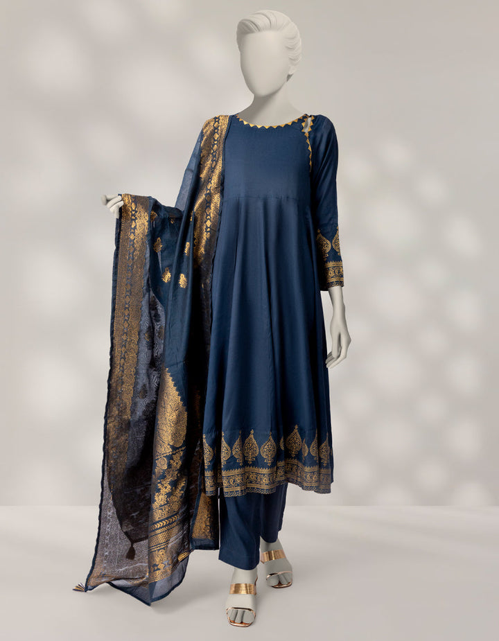 Maple Silk Blue Stitched Suit - J. Junaid Jamshed