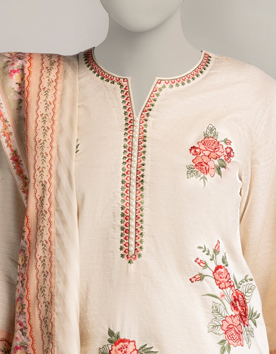 Dobby Beige Stitched Suit - J. Junaid Jamshed