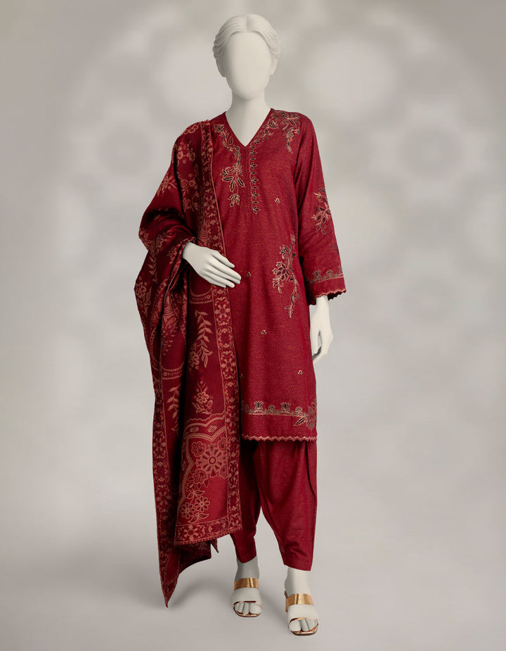 Karandi Maroon Stitched Suit - J. Junaid Jamshed