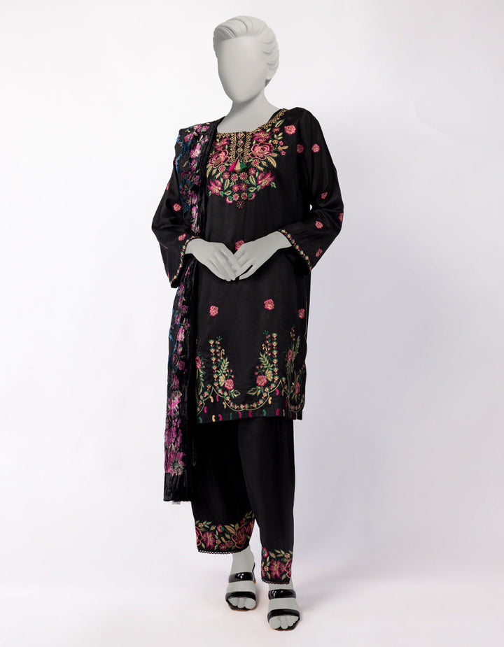 Maple Silk Black Stitched Suit - J. Junaid Jamshed