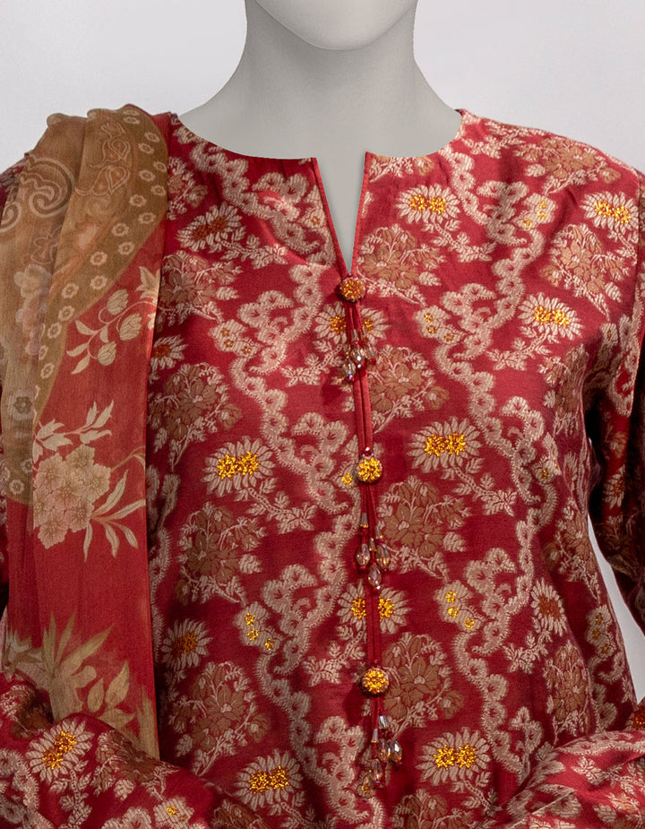 Jacquard Red Unstitched Suit - J. Junaid Jamshed