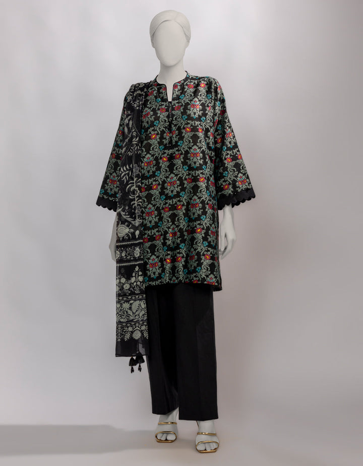 Jacquard Black Unstitched Suit - J. Junaid Jamshed
