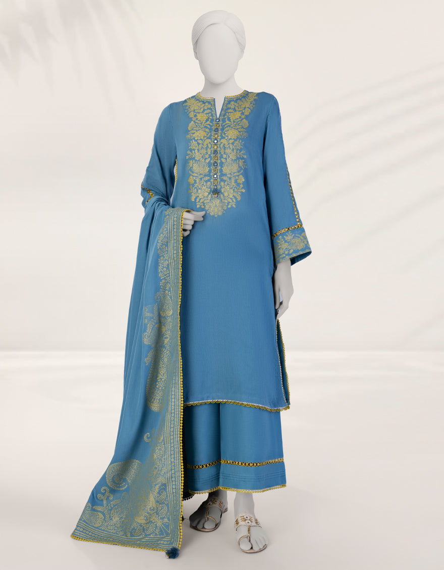 Jacquard Blue Unstitched Suit - J. Junaid Jamshed