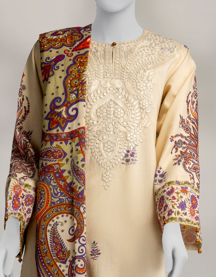 Pashmina Off White Unstitched Suit - J. Junaid Jamshed