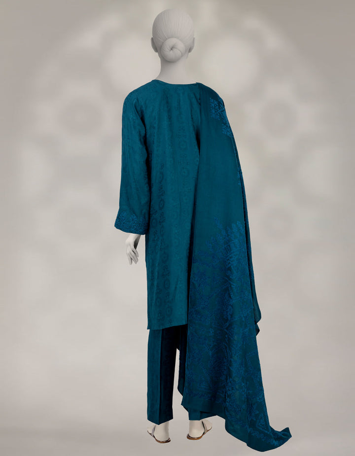 Jacquard Teal Unstitched Suit - J. Junaid Jamshed