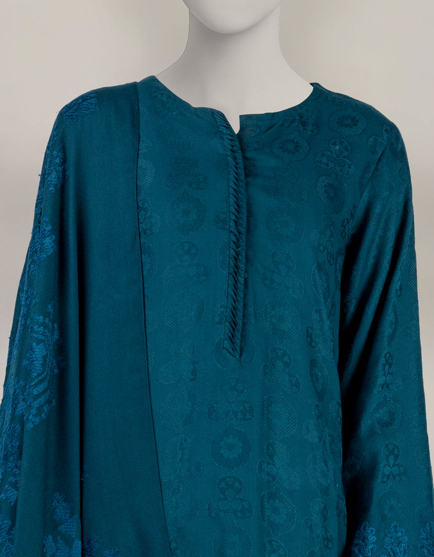 Jacquard Teal Unstitched Suit - J. Junaid Jamshed