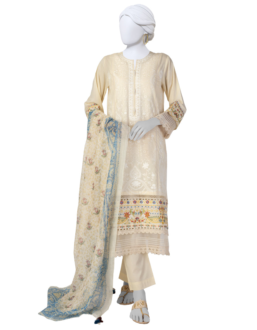Lawn Off White Stitched Suit - J. Junaid Jamshed
