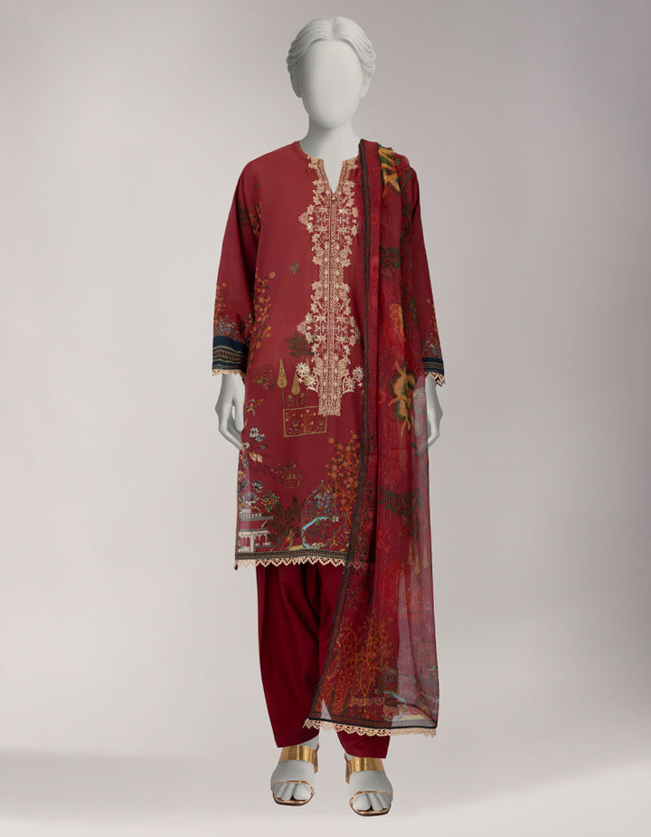 Lawn Maroon Stitched Suit - J. Junaid Jamshed