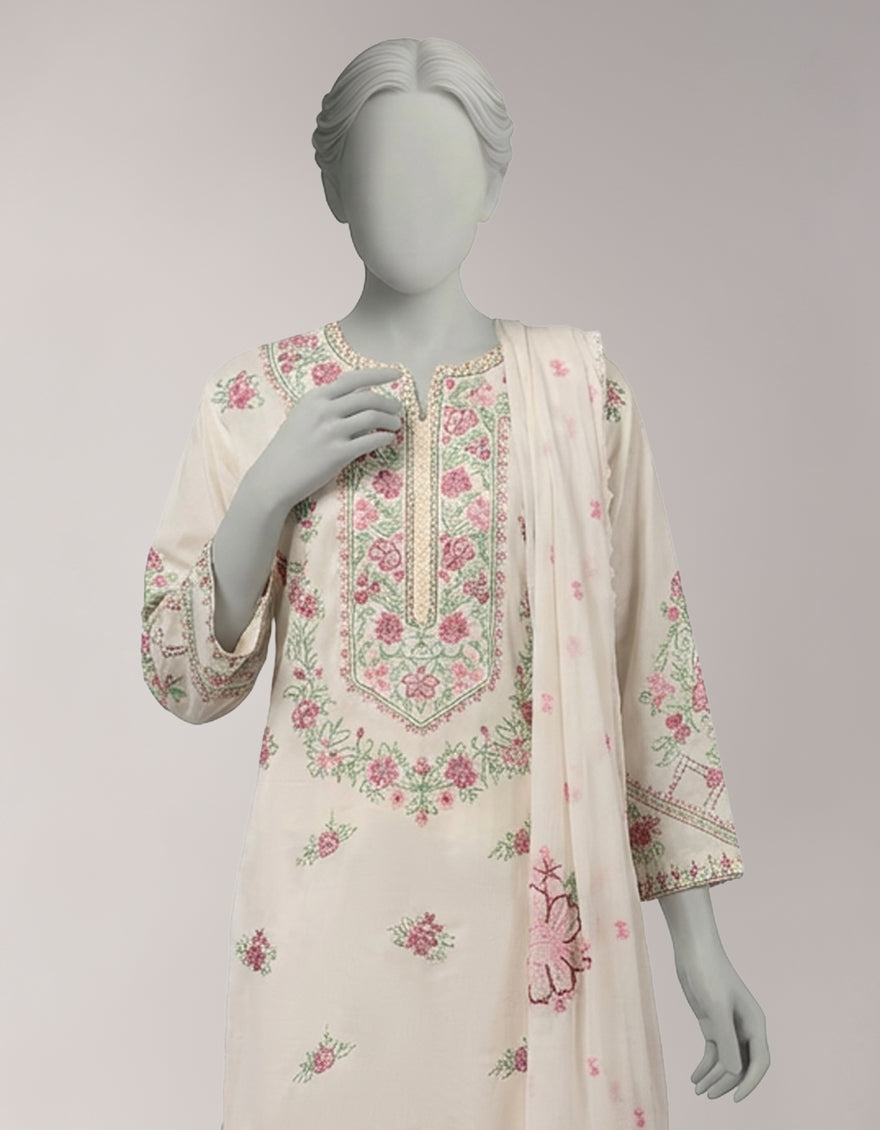 Lawn Off White Stitched Suit - J. Junaid Jamshed