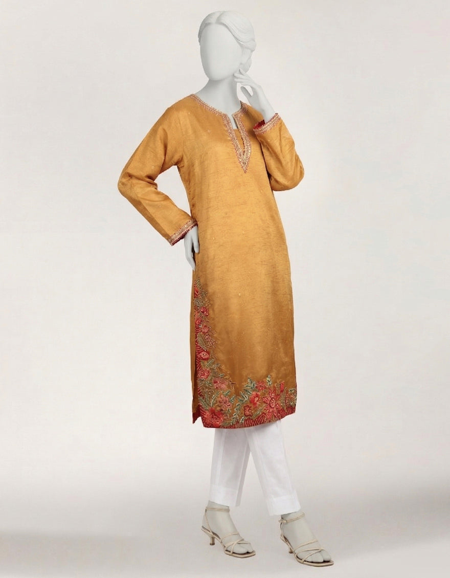Raw Silk Golden Kurti - J. Junaid Jamshed