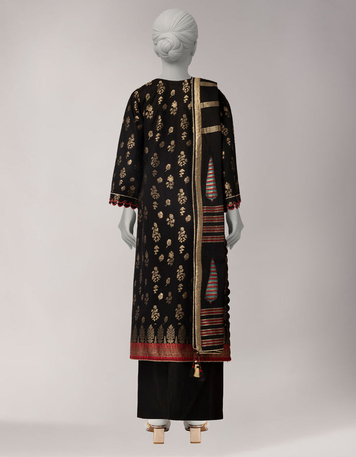 Jacquard Black Unstitched Suit - J. Junaid Jamshed