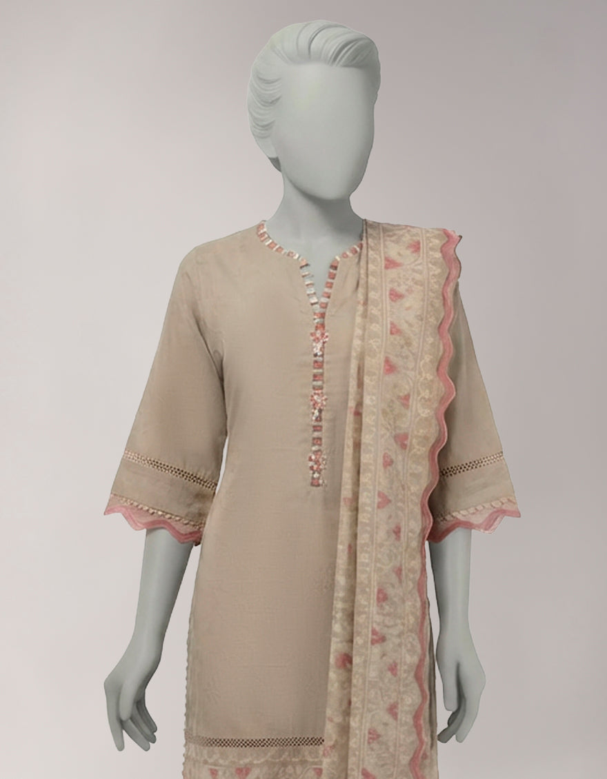 Jacquard Beige Unstitched Suit - J. Junaid Jamshed