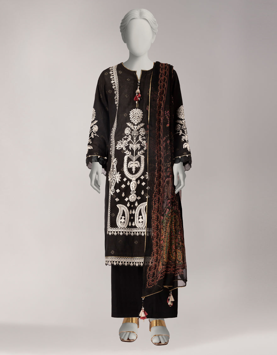 Zari Lawn Black Unstitched Suit - J. Junaid Jamshed