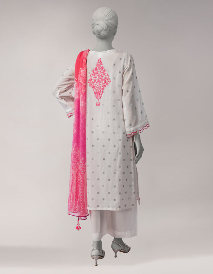 Zari Lawn White Unstitched Suit - J. Junaid Jamshed