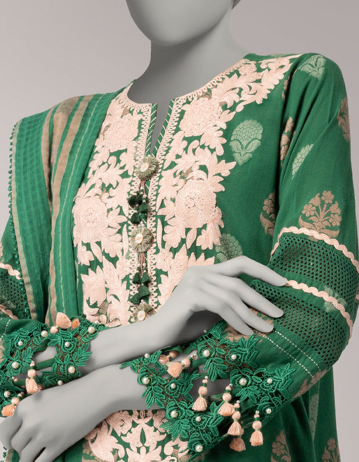 Dobby Green Unstitched Suit - J. Junaid Jamshed