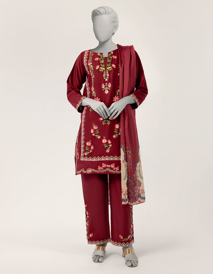 Lawn Maroon Stitched Suit - J. Junaid Jamshed