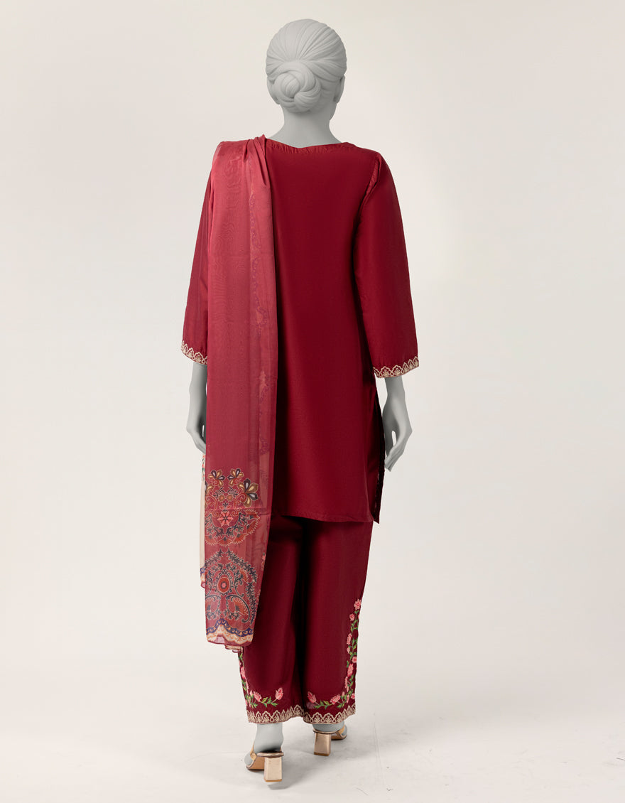 Lawn Maroon Stitched Suit - J. Junaid Jamshed