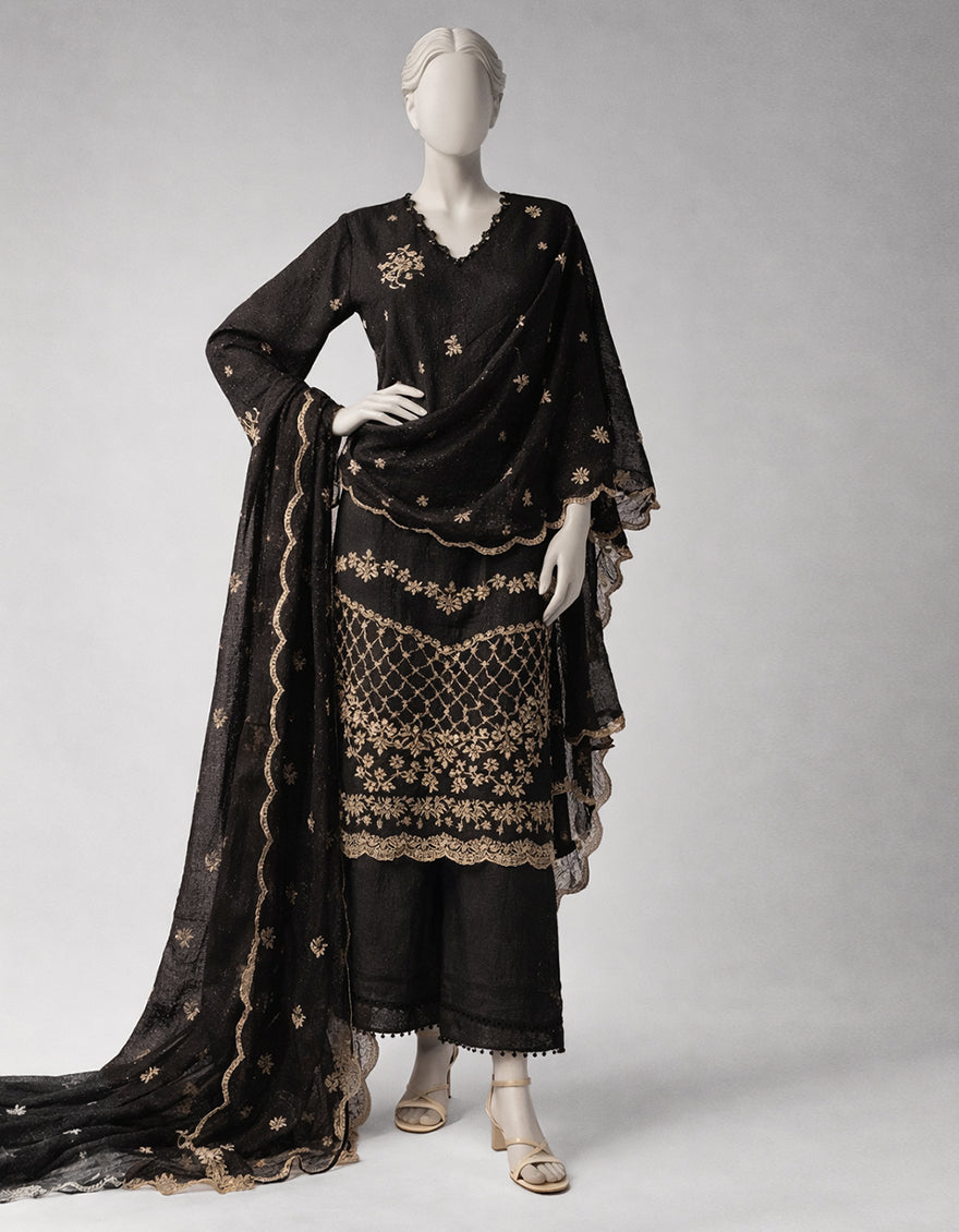 Lawn Black Unstitched Suit - J. Junaid Jamshed