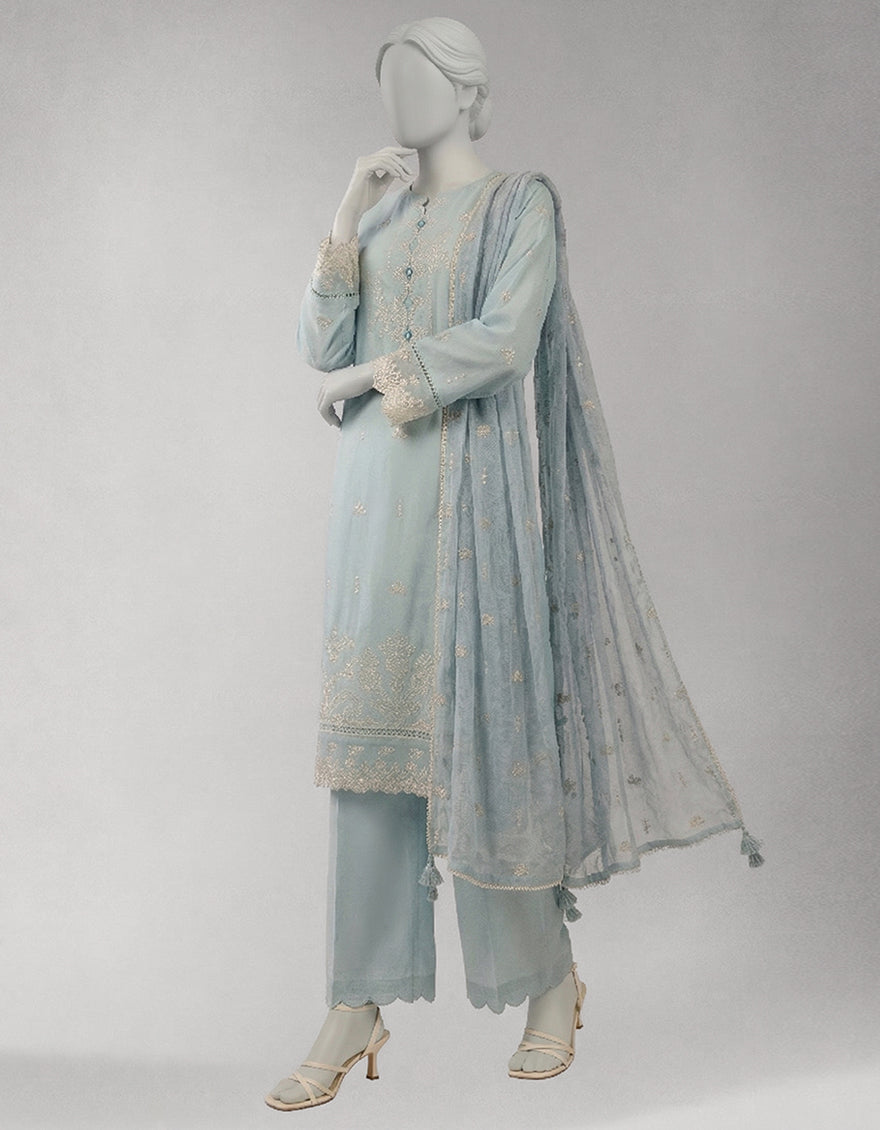 Lawn Blue Unstitched Suit - J. Junaid Jamshed