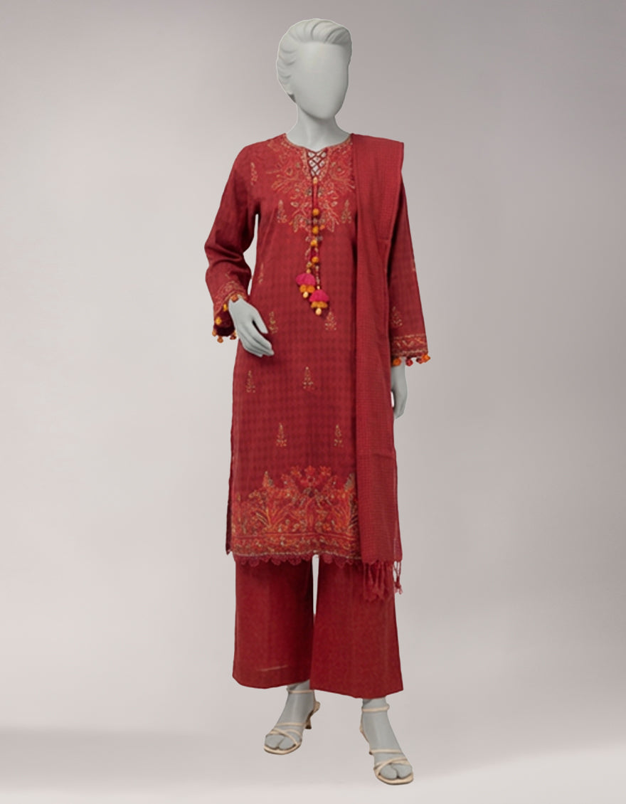 Jacquard Maroon Unstitched Suit - J. Junaid Jamshed