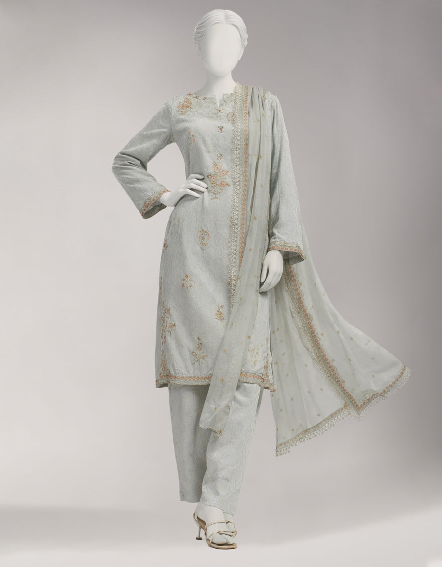 Jacquard Grey Unstitched Suit - J. Junaid Jamshed
