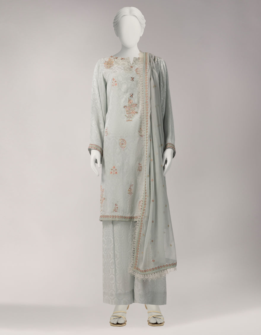 Jacquard Grey Unstitched Suit - J. Junaid Jamshed