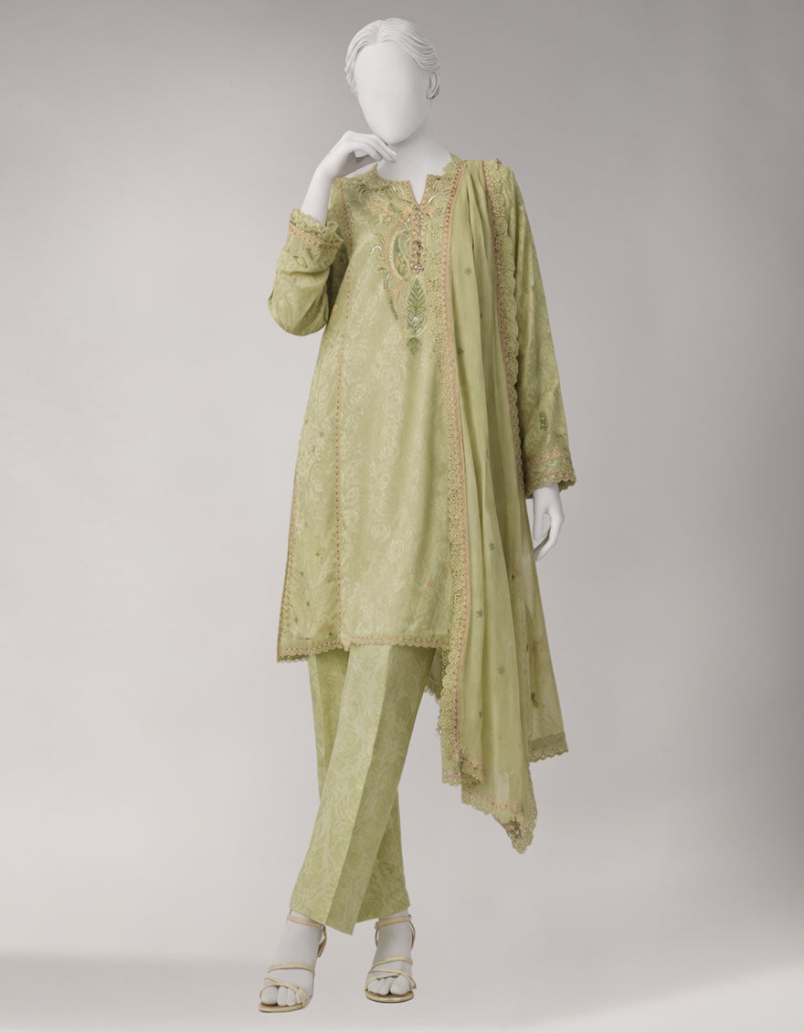 Jacquard Green Unstitched Suit - J. Junaid Jamshed
